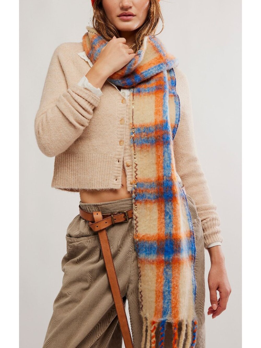 Free People Cream Scarf with Blue and Orange Plaid